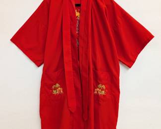 Vintage red kimono robe dressing gown with embroidered pavilion landscapes on the pockets and embroidered dragon over landscape on the back