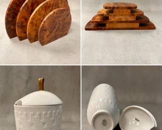 A vintage burr wood Art Deco style letter rack, and a Bing & Grondahl B&G Copenhagen white porcelain covered sugar bowl with textured basketweave pattern