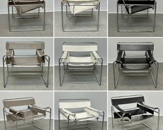 A view of 5 Midcentury Modern design Wassily-style chairs after the design by Marcel Breuer – we have  5 chairs: 2 grey, 2 white, 1 black