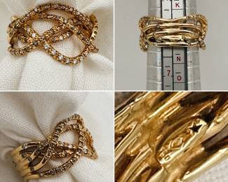 18k yellow gold crossover ring set with white and fancy diamonds, size 6