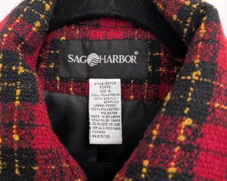Closeup of Sag Harbor red, black, and yellow plaid knit zip front jacket, size 12