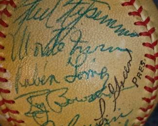 Another view of the 1954 Autographed New York Giants baseball signed by Leo Durocher, Herman Franks, Dave Koslo, Dusty Rhodes, Wally Bock, Wes Westrum, Bob (Bobby) Hofman, Geo (George) Wilson, Fred Fitzsimmons, Monte Irvin, Ruben Gomez, Rog (Roger) Bowman, Al Corwin, Sal Maglie, “The Barber”, Bill Rigney, Whitey Lockman, Daryl Spencer, Willie Mays, and Hoyt Wilhelm. Also has a stamped “Howard Green, Pres.” signature. That was a Class B minor league in Texas, and Green was president from ‘51-‘55. 