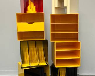 Lots of space age plastic high end design magazine racks and storage units for that MCM touch for that MCM touch – the yellow and black cubes are 15" square.