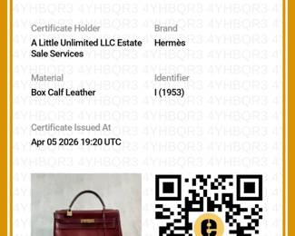Certificate of Authenticity from Entrupy for the 1953 vintage Hermès Kelly bag, authenticated by Entrupy, in bordeaux or Rouge H box leather with gold plated hardware.