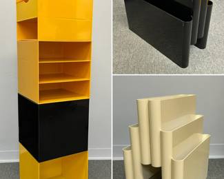 More looks at the lots of space age plastic high end design magazine racks and storage units for that MCM touchLots of space age plastic high end design magazine racks and storage units for that MCM touch - the yellow and black cubes are 15" square.