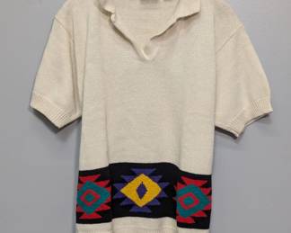 A Cherokee men's vintage short-sleeve knit polo sweater featuring a Southwestern-style geometric pattern band at the waist, size M
