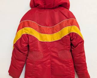 Back view of vintage Mulberry Street red and yellow geometric pattern hooded zip front winter coat, size Small