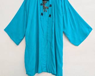 A vintage blue kimono style short robe with embroidered Chinese characters on front back