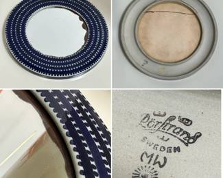 A vintage Rorstrand ceramic wall mirror designed by Marianne Westman. The blue glaze with a white dotted and striped pattern is characteristic of Westman's iconic mid-century designs.