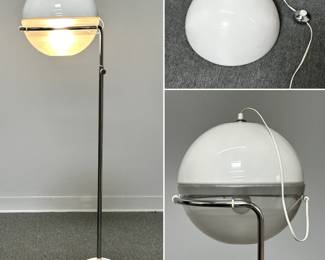 A 1970s mid century modern Fabio Lenci focus floor Lamp for Harvey Guzzini, steel and white perspex with adjustable lampshade.