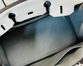 Another view of the 2018 vintage Hermès size 30 Birkin in Togo “Craie” special order “HSS” horseshoe stamp with “Gris” interior – Perma Brass hardware, still has stickers on hardware. Authenticated by Entrupy.