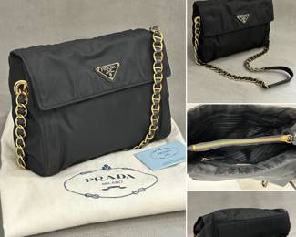 Vintage Prada chain shoulder bag, black Tessuto nylon; with original dust bag and Prada certificate; authenticated by Entrupy.