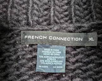 Closeup of French Connection men's black wool blend button down cable knit cardigan, size XL