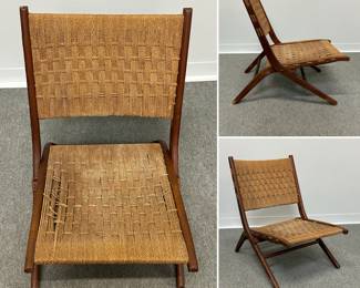 A vintage mid-century modern wood and rope-wrapped folding chair in the style of Hans Wegner 