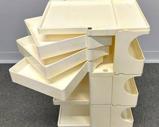 Another view of the vintage white Boby modular portable storage trolley designed by Joe Colombo in 1969 for Bieffeplast. 