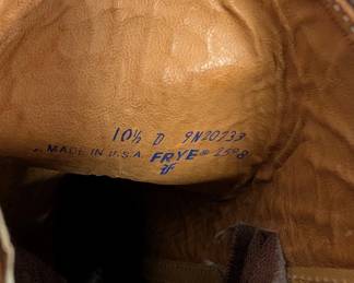 Closeup of pair of vintage Frye brown leather Campus cowboy boots size 10-1/2 D