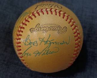 Another view of the 1954 Autographed New York Giants baseball signed by Leo Durocher, Herman Franks, Dave Koslo, Dusty Rhodes, Wally Bock, Wes Westrum, Bob (Bobby) Hofman, Geo (George) Wilson, Fred Fitzsimmons, Monte Irvin, Ruben Gomez, Rog (Roger) Bowman, Al Corwin, Sal Maglie, “The Barber”, Bill Rigney, Whitey Lockman, Daryl Spencer, Willie Mays, and Hoyt Wilhelm. Also has a stamped “Howard Green, Pres.” signature. That was a Class B minor league in Texas, and Green was president from ‘51-‘55. 