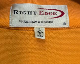 Closeup of Right Edge by Fairway & Greene men's orange golf polo shirt size L
