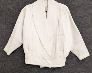 Vintage white leather jacket with a shawl collar and cropped silhouette