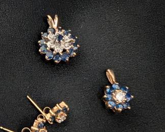 10k yellow gold pair of sapphire and diamond earrings, and two different sizes 10k yellow gold sapphire and diamond pendants