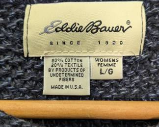 Closeup of Eddie Bauer women's textured dark blue marled crewneck sweater size L/G