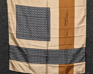 Vintage Ostinelli silk scarf, pale gold with black and orange geometric pattern