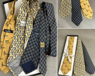 Classic men's vintage silk ties: An Hermès yellow silk tie with pheasant motif, made in France; a Valentino Cravatte yellow silk tie with  black, gray, and white abstract geometric pattern, made in Italy; and an Hermès navy blue silk tie with repeating ship's wheel pattern, made in France.