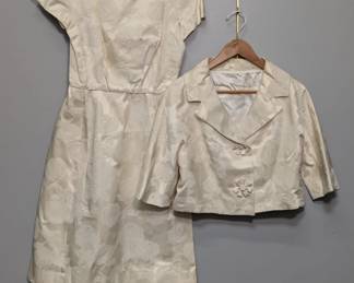 Another view of the 1950s-60s vintage cream floral brocade cap sleeve dress and jacket, Saks Fifth Avenue label