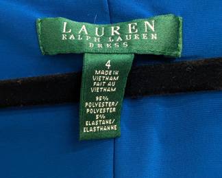 Closeup of Lauren Ralph Lauren blue cowl neck matte jersey sheath dress size 4