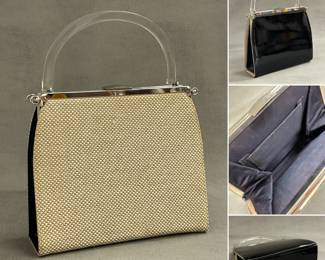 A versatile vintage day-to-night handbag with reversible outer panel covering, and clear plastic/Lucite handle