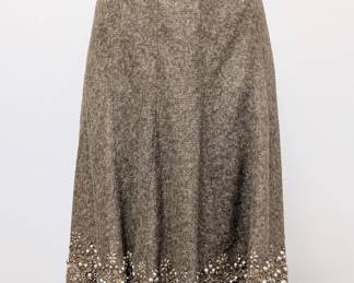Vintage Oscar de la Renta brown wool blend embroidered beaded flare skirt, made in Italy, size 12