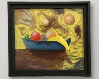 "Old fruit" abstract still life painting by outsider artist Dennis L. Olejarczyk of Muskegon, Michigan; acrylic on wood, dated 2006