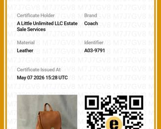 Certificate of Authenticity from Entrupy for the Vintage Coach tan leather day pack backpack purse 9791