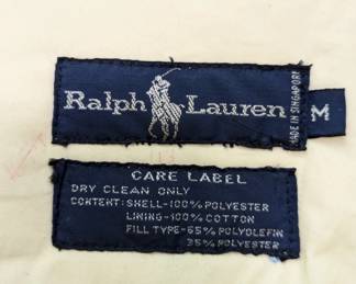 Closeup of 90s vintage Polo Ralph Lauren men's hooded puffer jacket parka, pale beige, size M