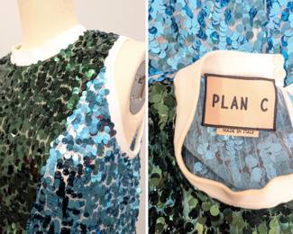More views of the Plan C color-block sequin midi dress in blue and green, made in Italy