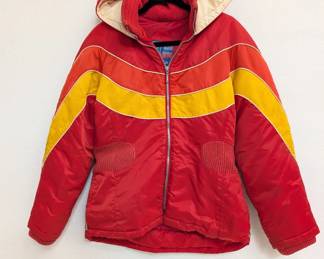 Vintage Mulberry Street red and yellow geometric pattern hooded zip front winter coat, size Small