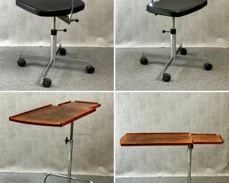 More views of the circa 1965 Kevi office chair, designed by Danish architect and designer Jørgen Rasmussen; stamped underneath with Made in Denmark by KEVI of Copenhagen; and a late 20th Century Houghton Mifflin reading or laptop table with adjustable angle and heights, on casters, unmarked.