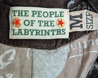 Closeup of The People of the Labyrinths chocolate brown crushed velvet long coat or duster, size M