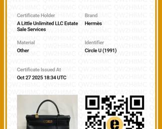 Certificate of authenticity from Entrupy for the classic vintage Hermès Kelly Retourne 32 handbag in black Ardennes leather, authenticated by Entropy. It comes with a single rolled handle, a leather removable shoulder strap, an Hermès "sangle" wide woven strap, and a dust bag.