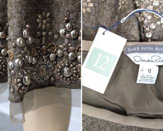 Closeup of vintage Oscar de la Renta brown wool embroidered beaded skirt, made in Italy, size 12