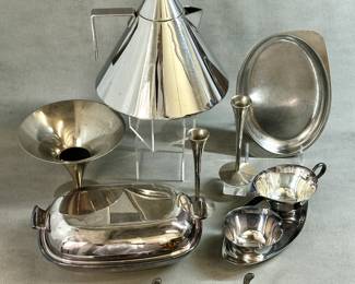 A Vintage Alessi II conico stainless steel kettle, post modern Aldo Rossi for Alessi Kettle, 1980's Italian Designer; various stainless steel and silver plated serving ware including a serving dish with lid, a sugar and creamer set on a tray, a trumpet-form vase, and a pair of vintage leaf-shaped silver-plated trinket dishes made by F.B. Rogers Silver Co. 
