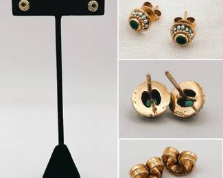 Vintage 14k gold stud earrings with a green cabochon center encircled with faux seed pearls