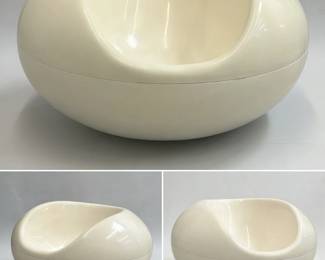 A molded fiberglass “Pastil” chair designed by Eero Aarnio in 1967 and produced by Asko, Finland. The design received the International Design Award from the American Institute of Interior Designers in 1968.  An example of Space Age design from the late 1960s!