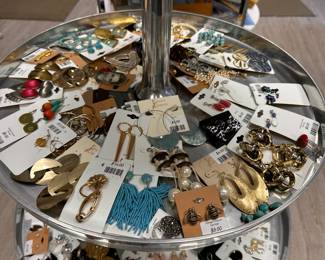 Boost your style with the great costume jewelry earrings and pins  at this sale - swinging fringe beads, bold gold hoops, busy little bees, and more