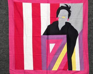 Vintage Oscar de la Renta silk scarf with graphic design of a woman against pink, red, and white stripes