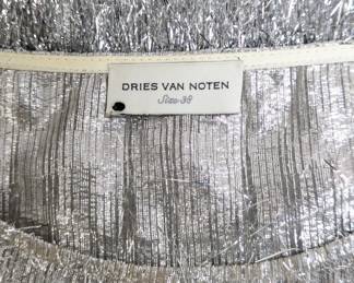 Closeup of Dries Van Noten sleeveless silver lamé fringed top, size 38