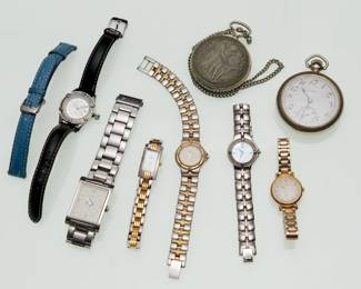 Vintage fashion wristwatches and pocket watches including antique Elgin Nat'l Watch Co. 31225132 pocket watch and a Molnija "Three Graces" pocket watch produced in the Soviet Union