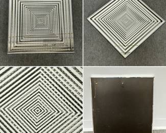 A vintage Op-Art "Disco Infinity" mirrored wall hanging in chrome frame, measures 20-1/4" x 20-1/4"