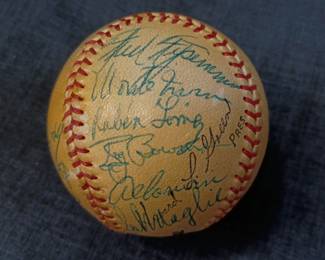 Another view of the 1954 Autographed New York Giants baseball signed by Leo Durocher, Herman Franks, Dave Koslo, Dusty Rhodes, Wally Bock, Wes Westrum, Bob (Bobby) Hofman, Geo (George) Wilson, Fred Fitzsimmons, Monte Irvin, Ruben Gomez, Rog (Roger) Bowman, Al Corwin, Sal Maglie, “The Barber”, Bill Rigney, Whitey Lockman, Daryl Spencer, Willie Mays, and Hoyt Wilhelm. Also has a stamped “Howard Green, Pres.” signature. That was a Class B minor league in Texas, and Green was president from ‘51-‘55. 