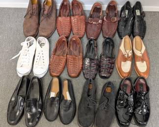 Selection of vintage men's shoes including vintage Gucci spectator shoes in a brown and beige two-tone colorway, size 43-1/2; several pairs of men's Sunsteps hand-woven leather huaraches; black leather penny loafers, black suede leather lace-ups, and more